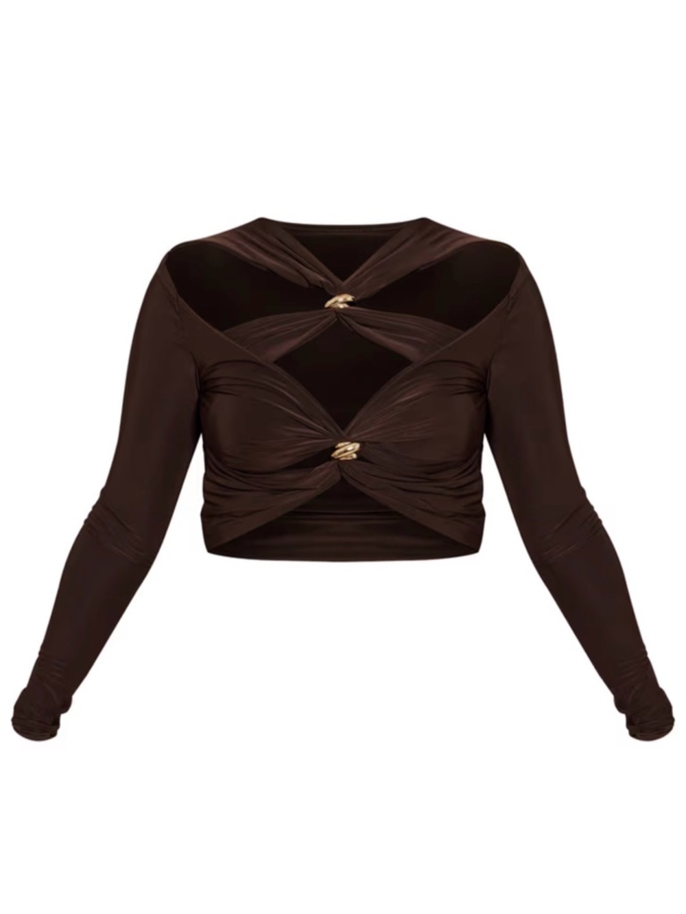Brown Long-Sleeve Twist Front Crop Top